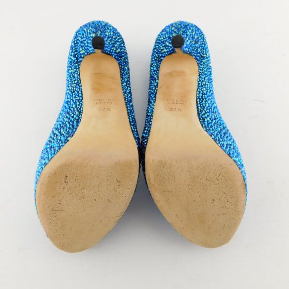 GUCCI Brilliant Blue Crystal Open Toe Heel Pumps 37.5 - Picture 7 of 11
